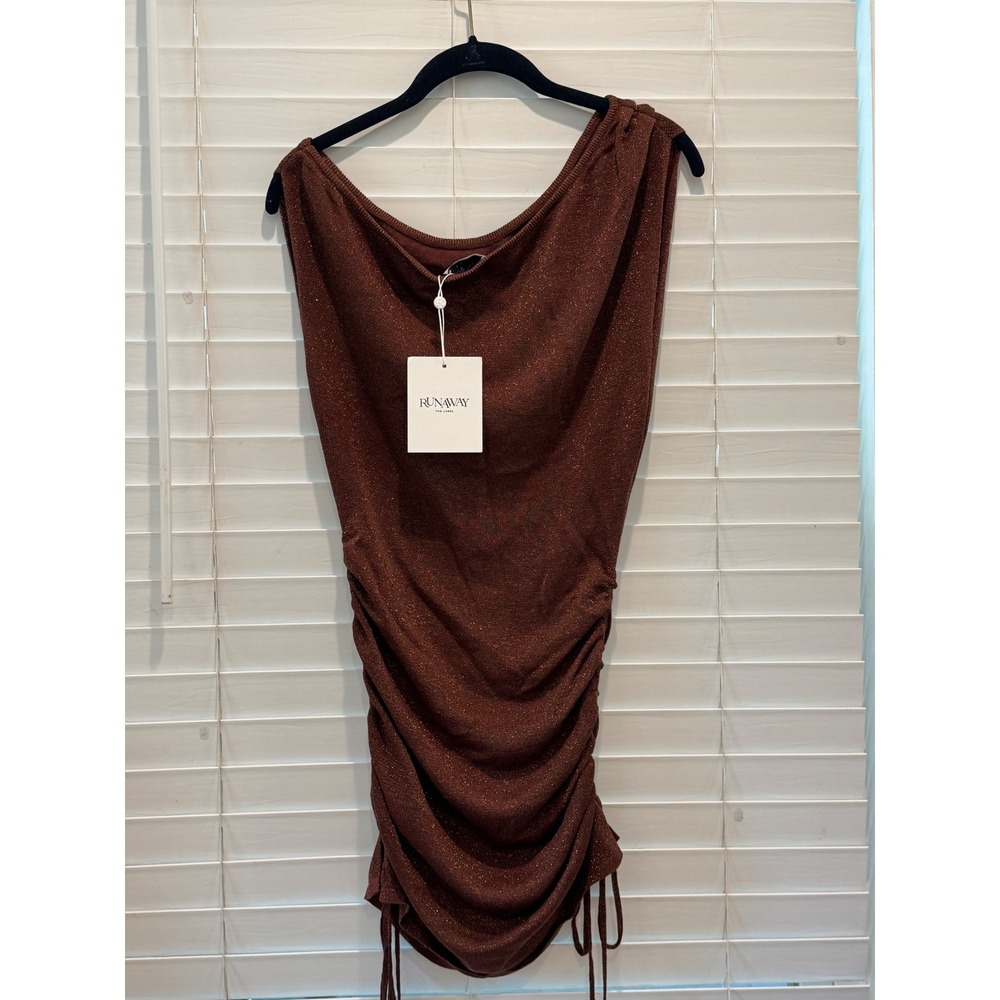 NEW Runaway The Label Kelsa One Shoulder Mini Dress Womens S Chocolate Metallic - Picture 3 of 11